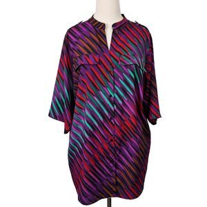 Calvin Klein Blouse Womens Plus 1X Colorful Button Down Geometric Tunic Shirt